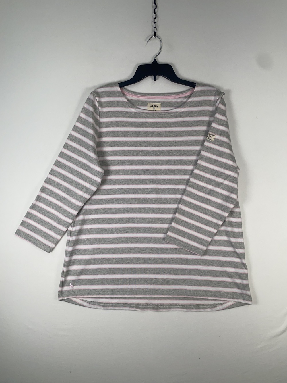 Joules T-shirt Womens XL Gray Stripe Long Sleeve Boat Neck Nautical Cotton Top